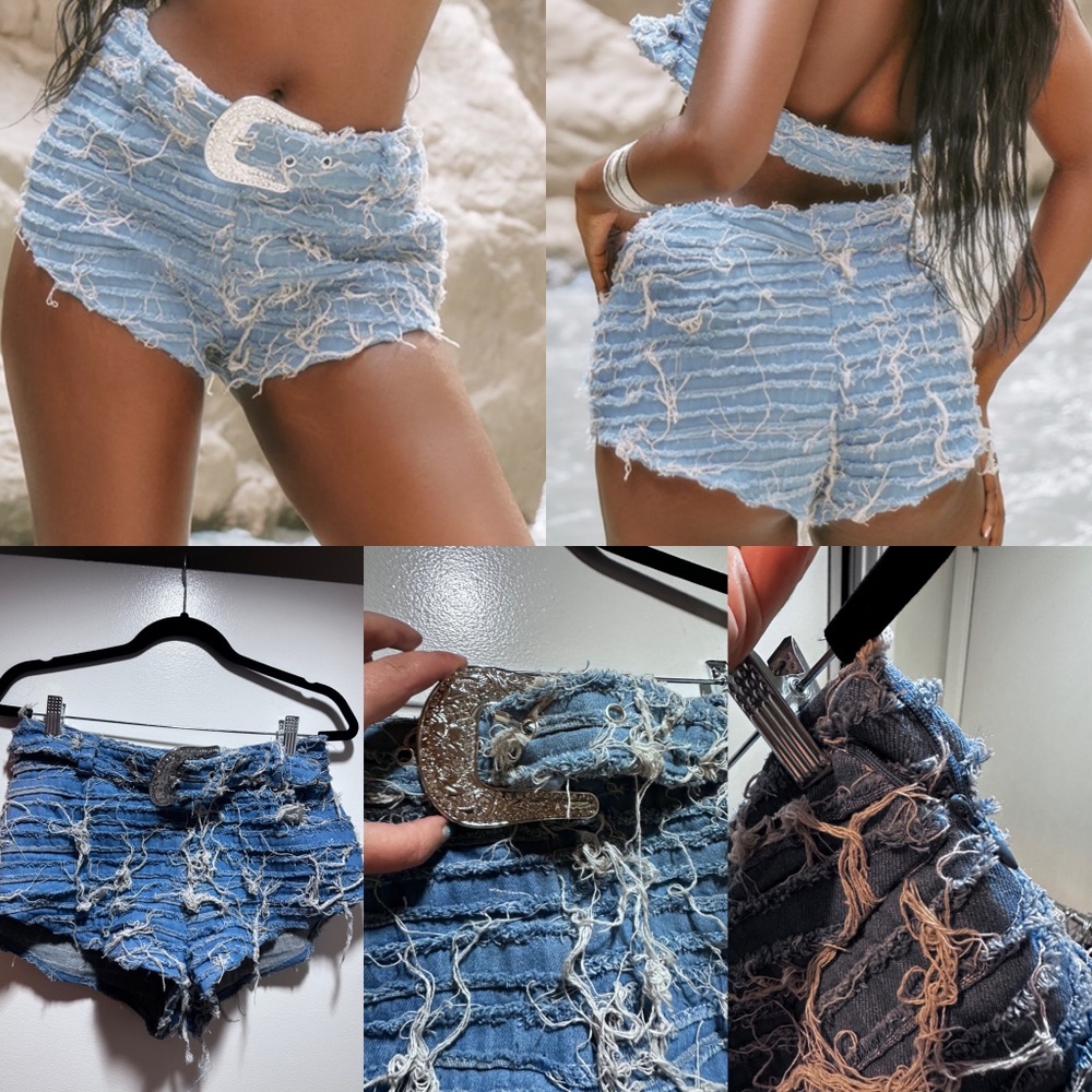 Pretty Little Thing blue denim shorts with rhinestone belt